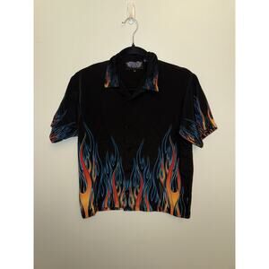 VTG SILVER POINT Flames Shirt Mens Medium Black Hot Rod Button Down Y2K Rock